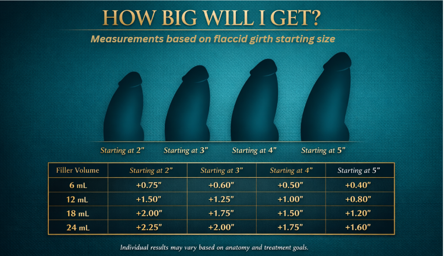 UroSculpt filler volume guide showing amount of hyaluronic acid filler needed for desired girth increase